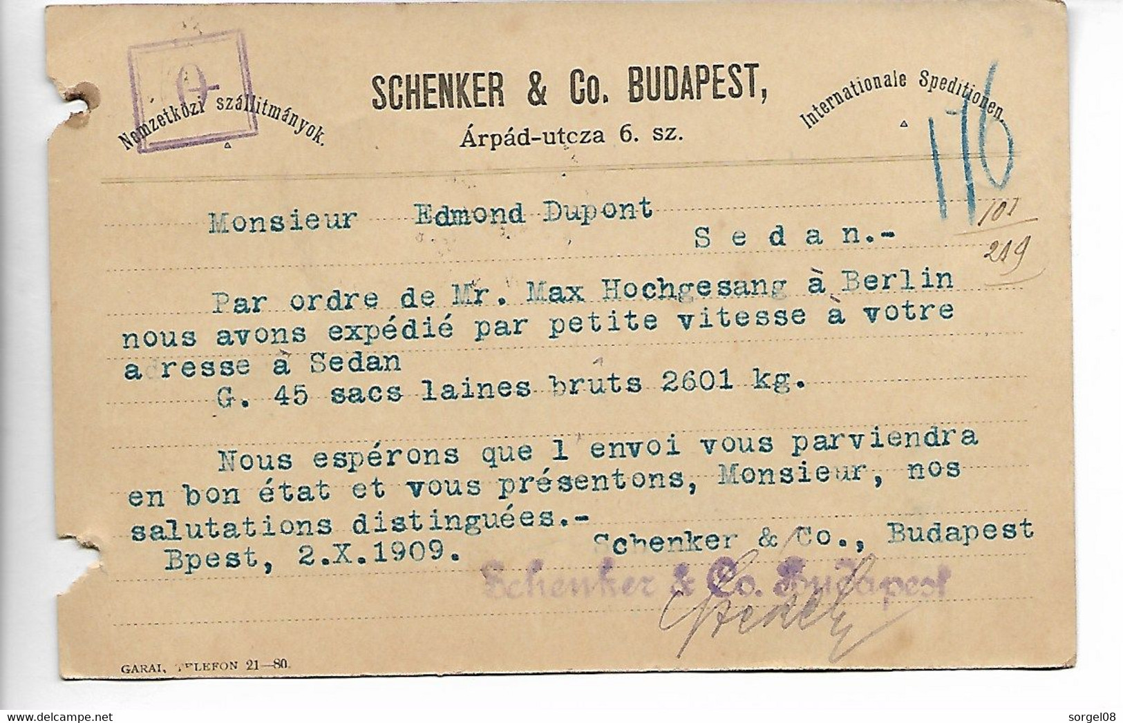 BUDAPEST Hongrie CAD BUDAPEST 55 / 10 Filler Sur Carte Commerciale SCHENKER 1908 - Poststempel (Marcophilie)