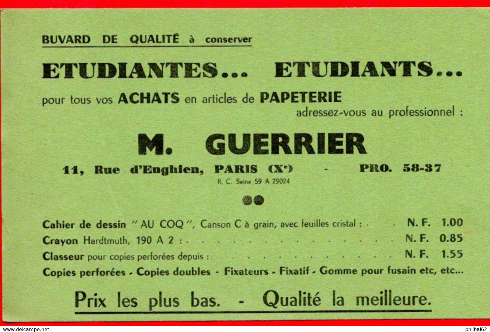 Buvard Papeterie M.Guerrier, Rue D'Enghien à Paris. - Papeterie