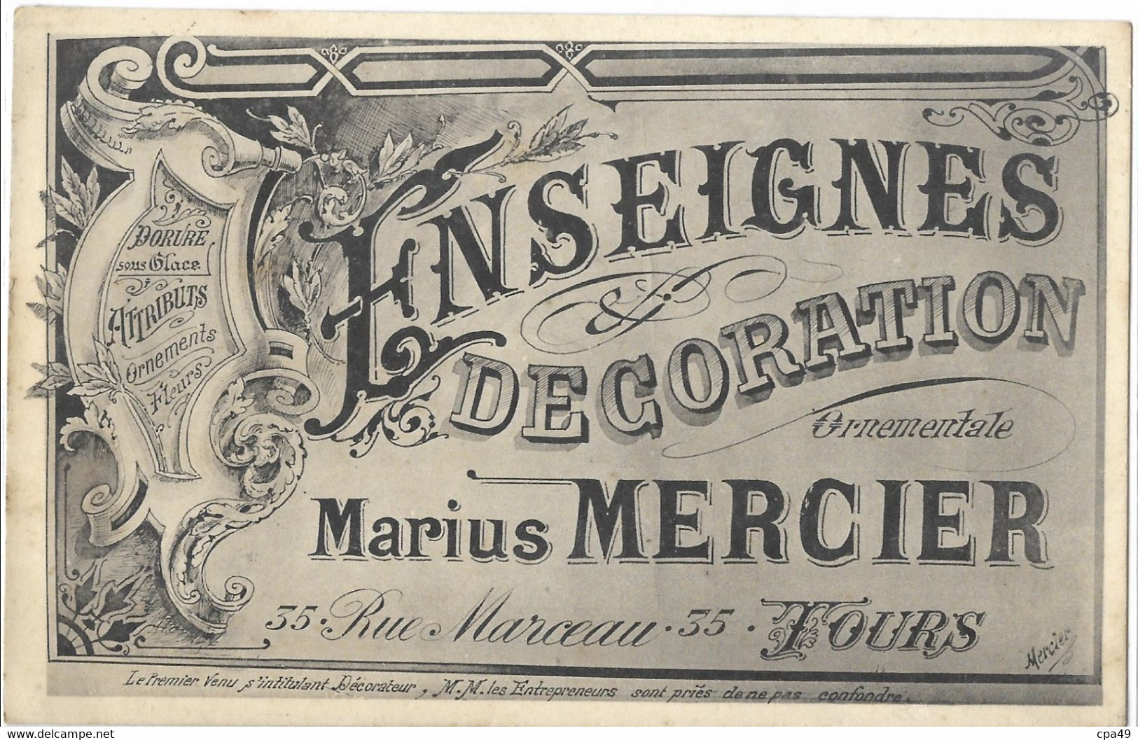 37  TOURS  ENSEIGNES DECORATION  ORNEMENTALE  MARIUS  MERCIER  35  RUE  MARCEAU - Tours