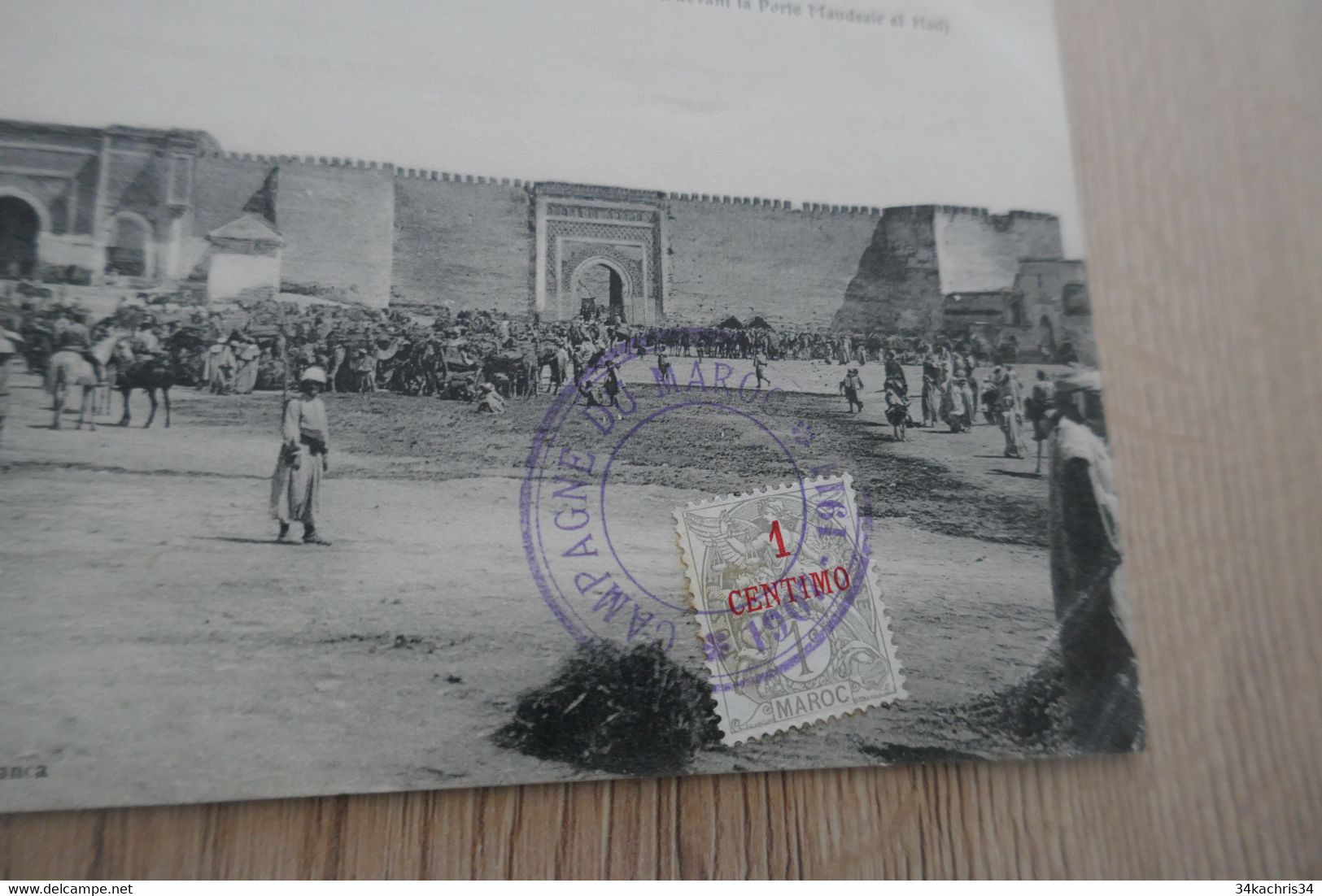 Sur CPA Meknès Cachet Bleu Militaire Campagne Du Maroc 1907/1911 Sur TP Surchargé 1 Centimo - Covers & Documents