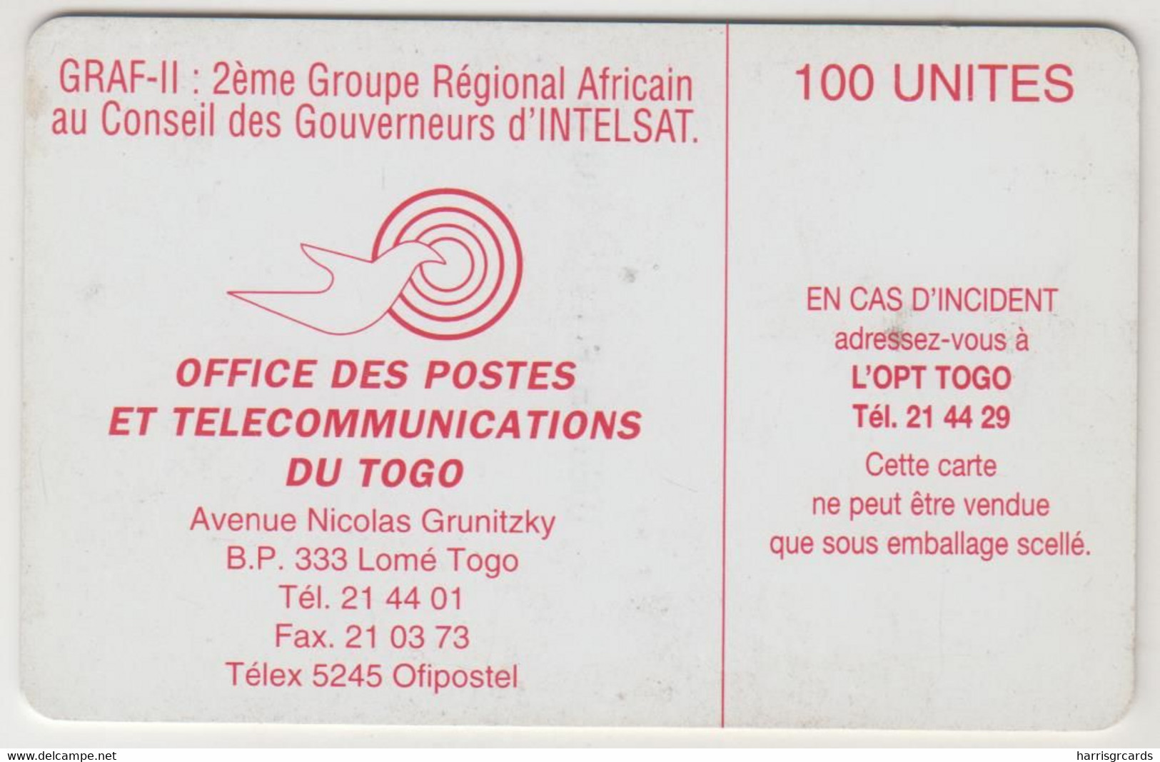 TOGO - Intelsat, CN: Without Control Number, 100 U , Used - Togo