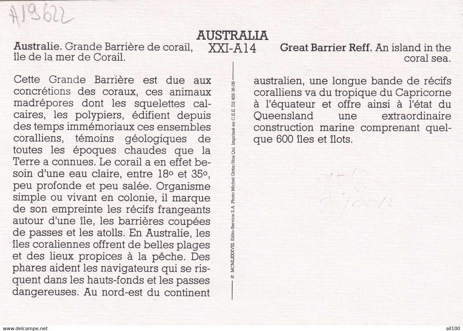 A19622 - GREAT BARRIER REFF AN ISLAND IN THE CORAL SEA GRANDE BARRIERE DE CORAIL AUSTRALIA AUSTRALIE POST CARD UNUSED - Great Barrier Reef