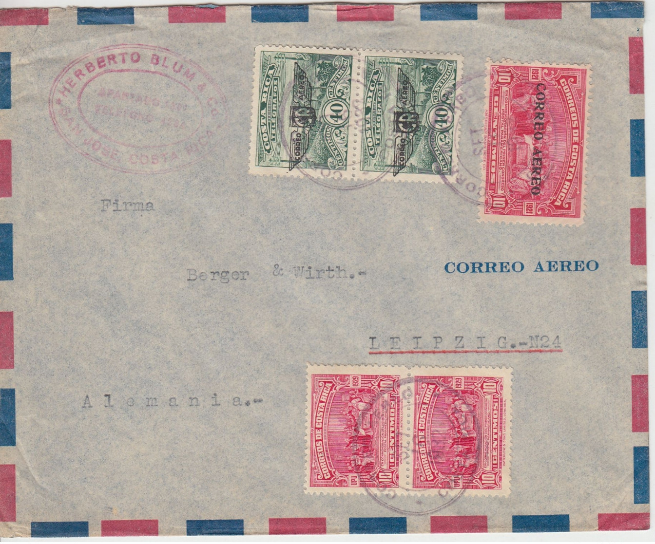 Costa Rica - 2x40 C. Telegr./Coreo-CR-Aero U.a. Luftpostbrief San Jose 1932 - Costa Rica