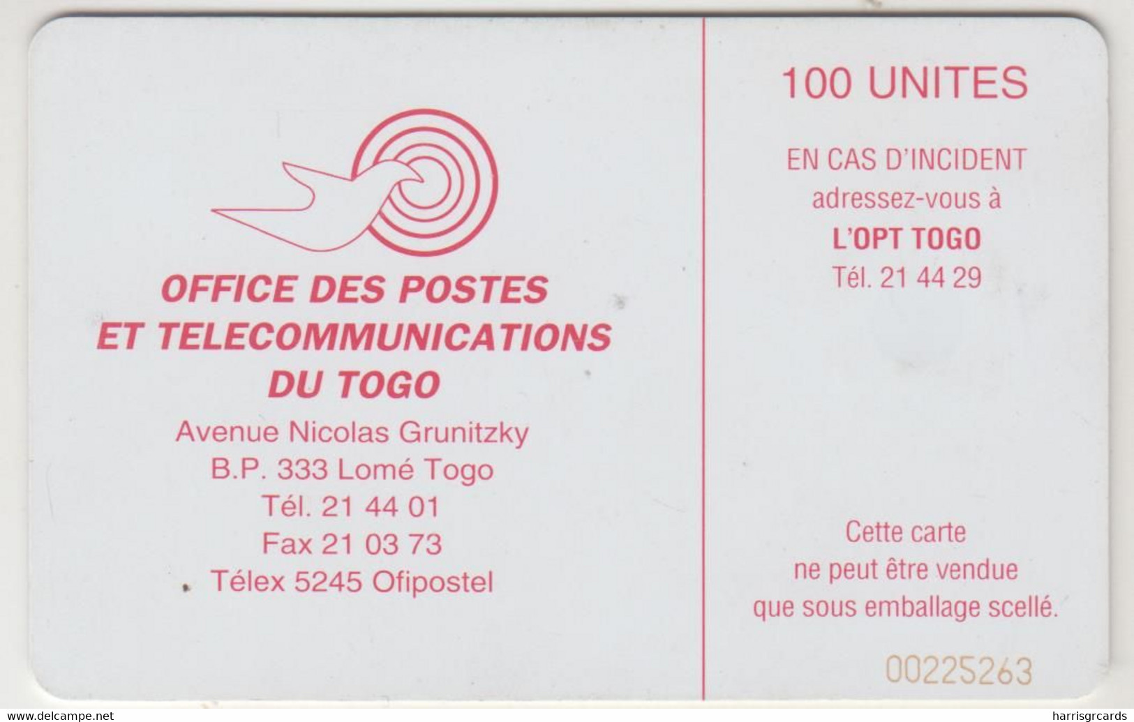 TOGO - Togopac 1 (Chip On Front), CN: From "00223xxx" To "00246xxx", 100 U , Used - Togo