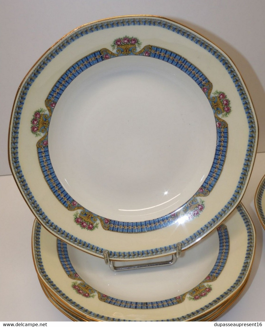 *5 ASSIETTES 1/2 CREUSES PORCELAINE LIMOGES JB France (JEAN BOYER) dorures E