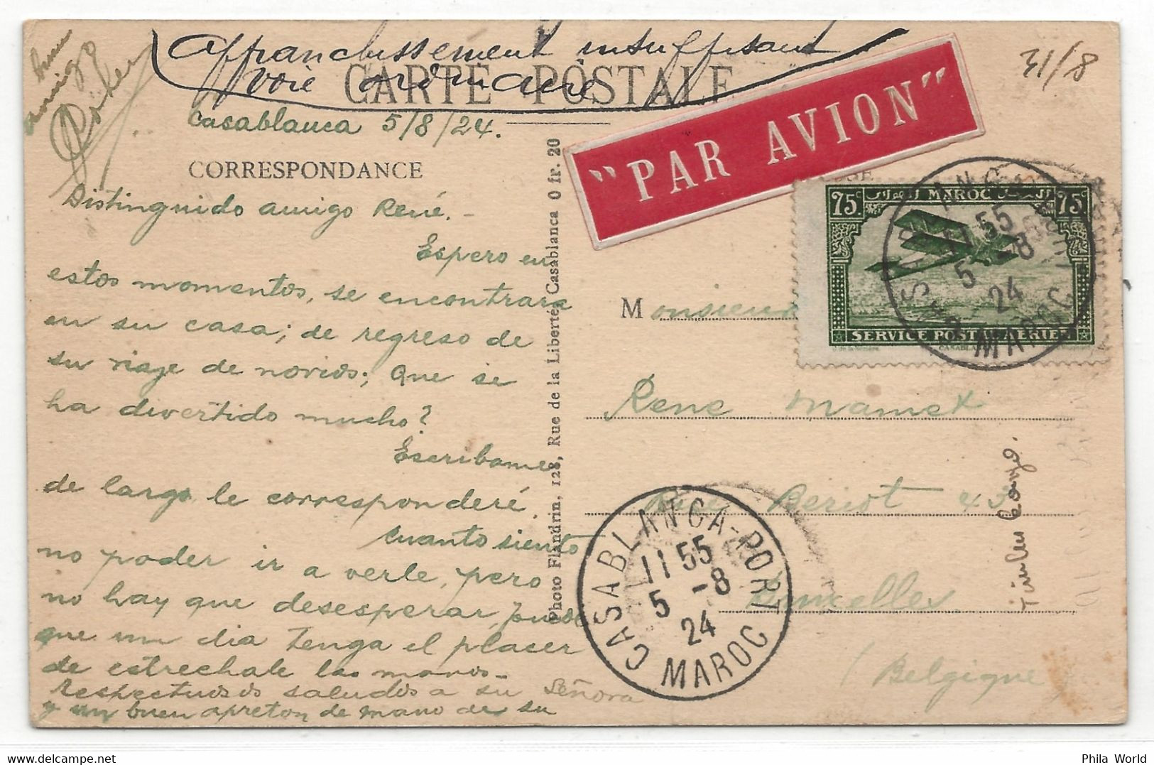 LATECOERE 1924 MAROC Casablanca Port BELGIQUE Par Avion Etiquette Mention AFFRANCHISSEMENT INSUFFISANT VOIE AERIENNE - 1927-1959 Cartas & Documentos