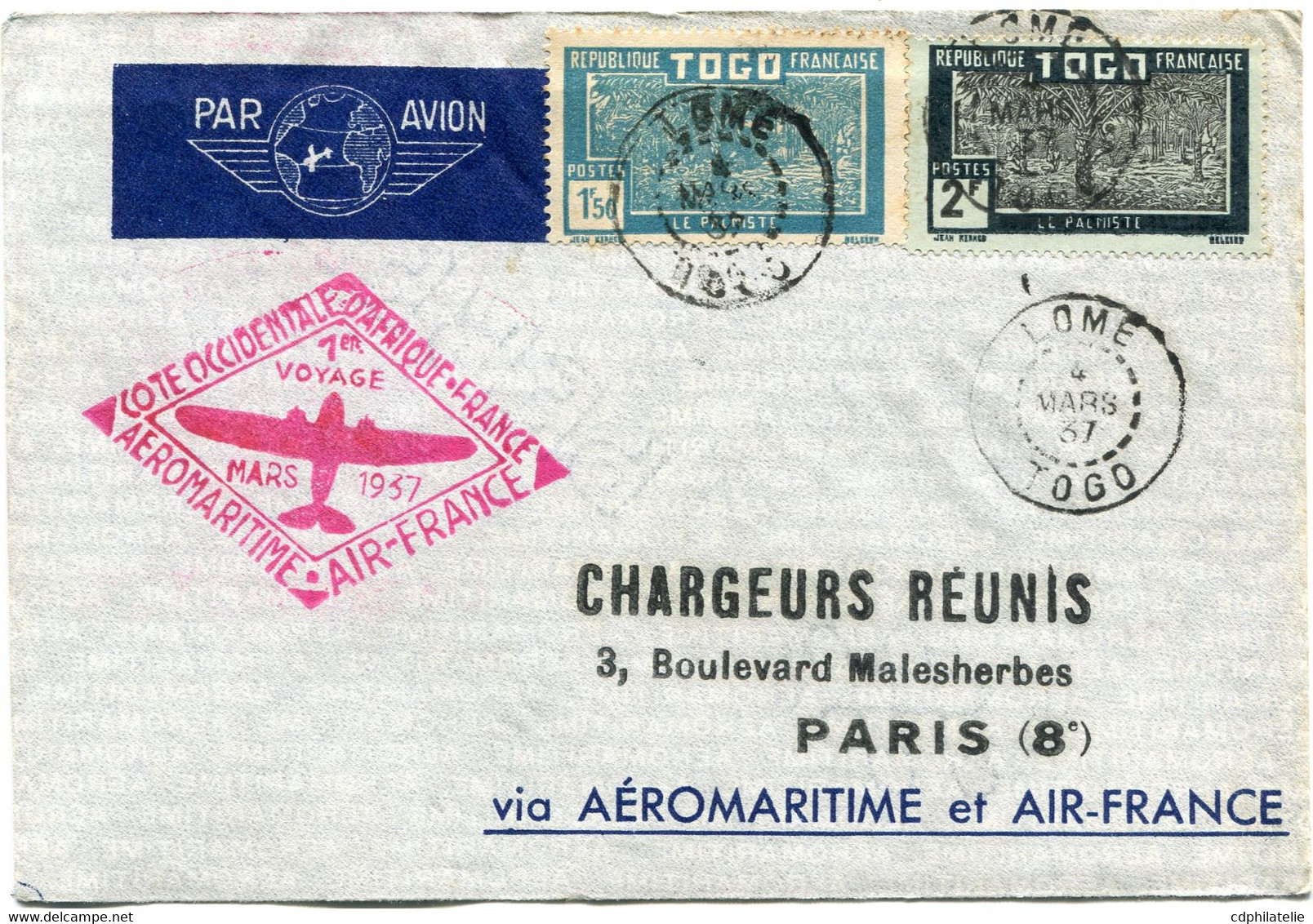 TOGO LETTRE PAR AVION VIA AEROMARITIME ET AIR FRANCE DEPART LOME 4 MARS 37 TOGO POUR LA FRANCE - Briefe U. Dokumente