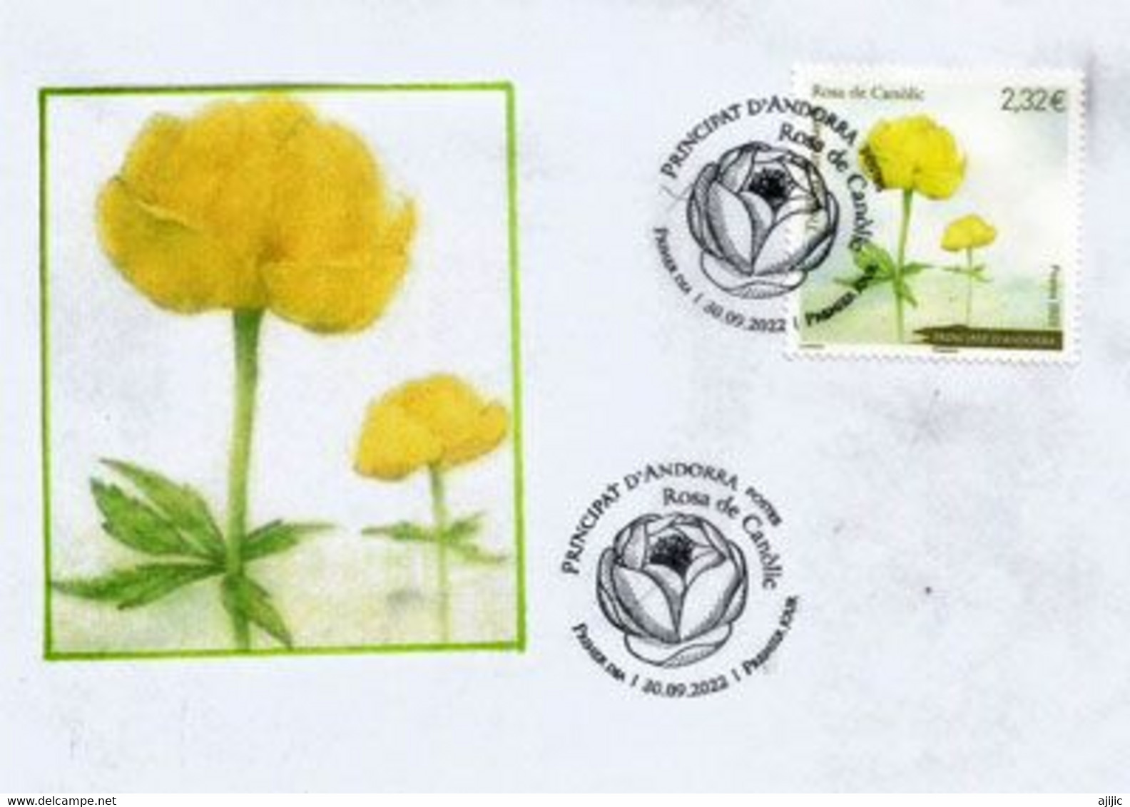 ROSE DE CANOLIC. Globeflower (Flor De San Pallari) 2022.  Enveloppe Oblit. Premier Jour.Timbre Haute Faciale - Cartas & Documentos