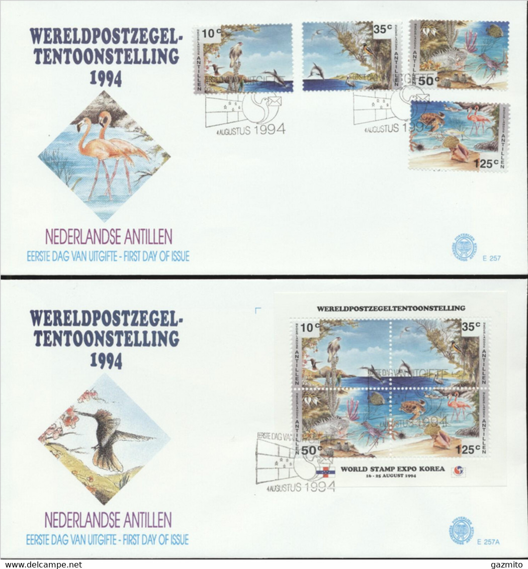 Netherlands Antilles 1994, Dolphins, Turtle, Flamingo, Bird Of Prey, 2FDC - Flamingo's