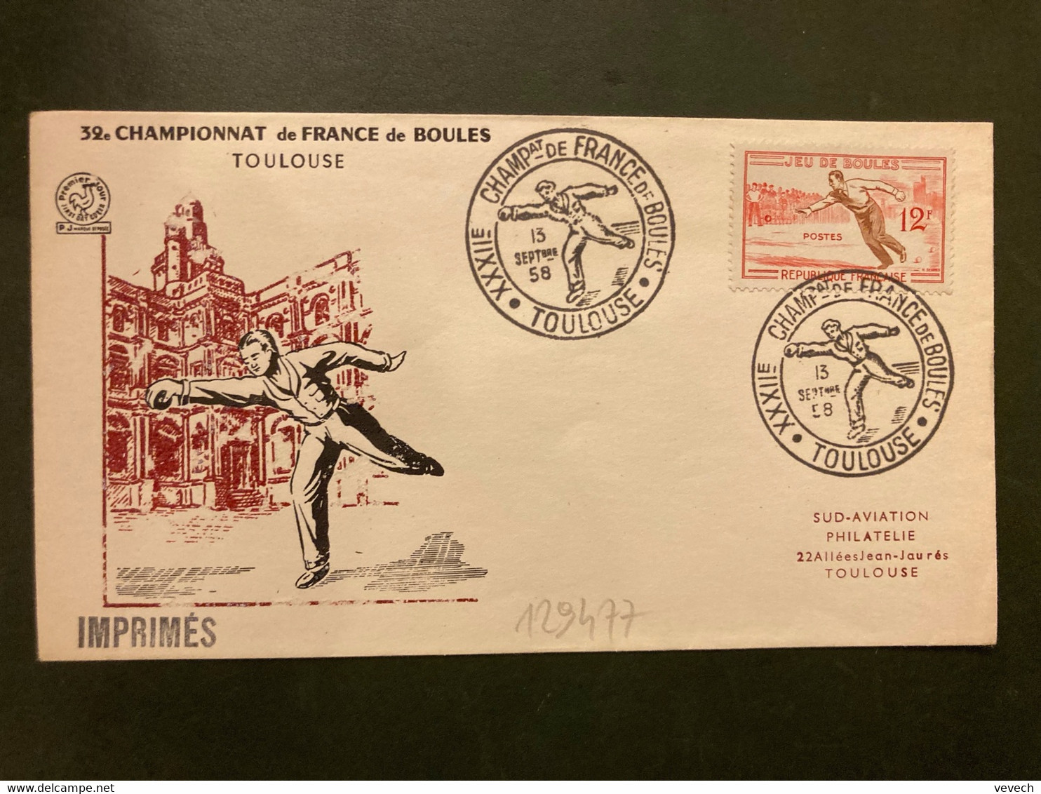 LETTRE TP JEU DE BOULES 12F OBL.13 SEPTbre 58 TOULOUSE XXXIIe CHAMPat DE FRANCE DE BOULES - Bocce