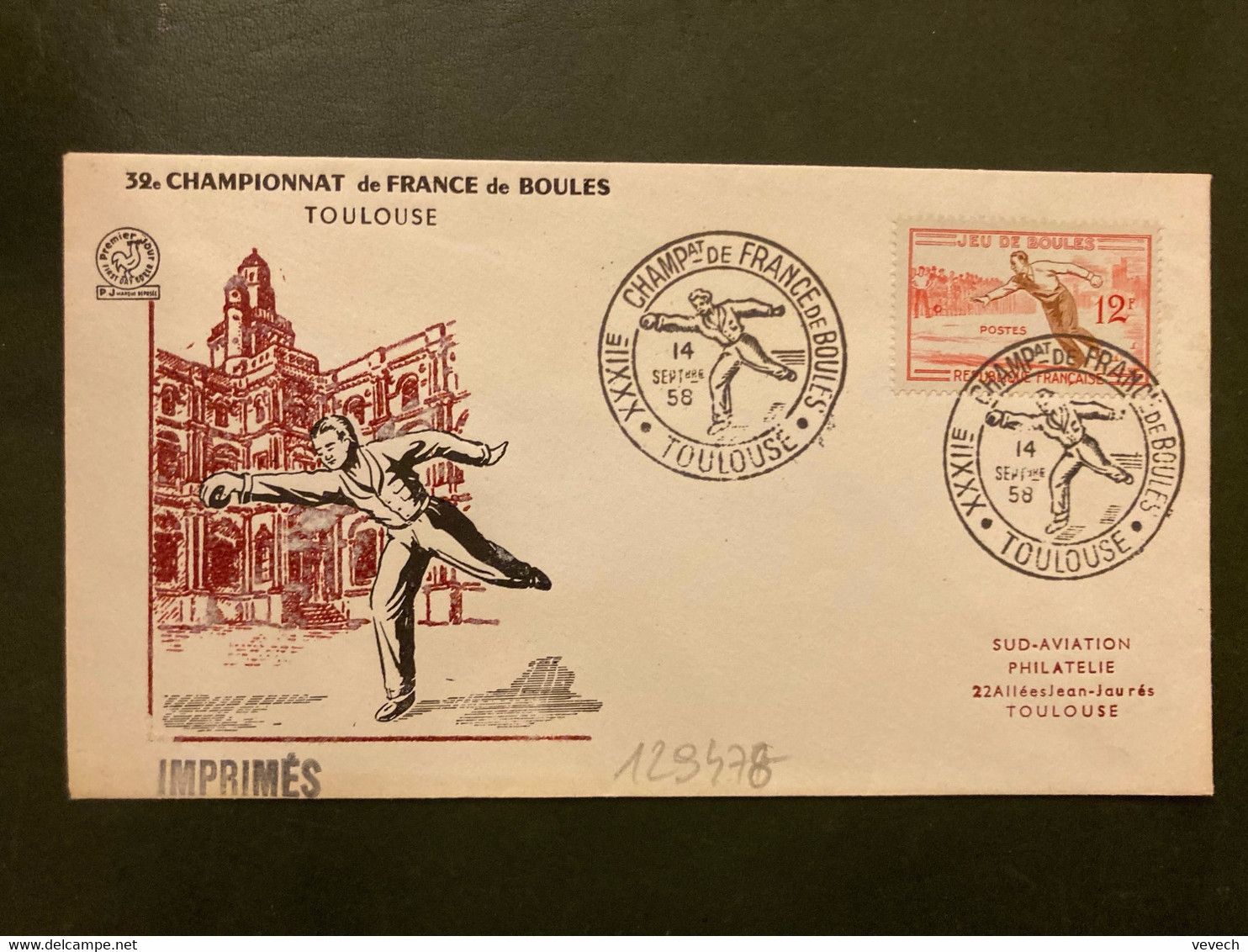 LETTRE TP JEU DE BOULES 12F OBL.14 SEPTbre 58 TOULOUSE XXXIIe CHAMPat DE FRANCE DE BOULES - Bocce