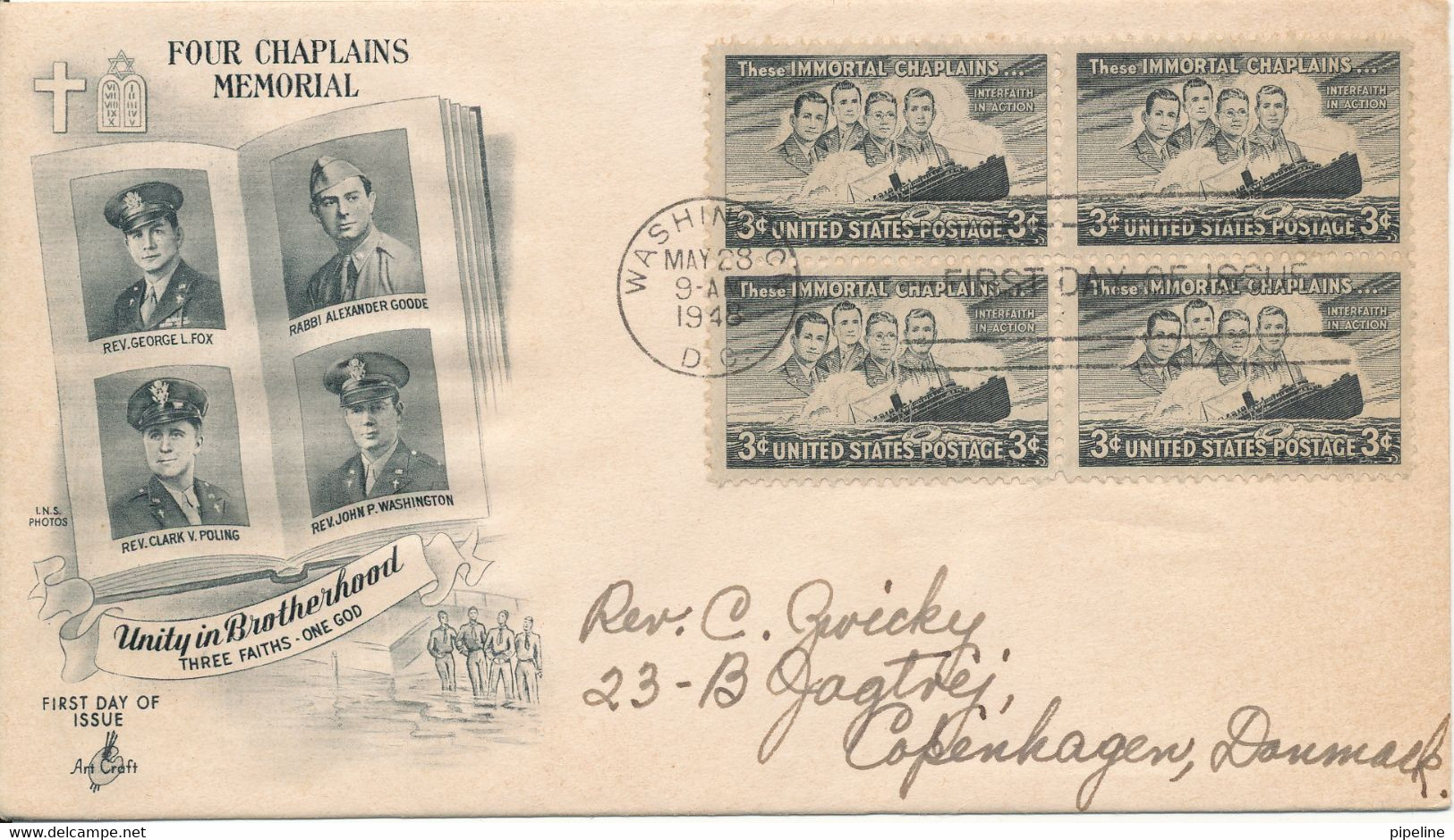 USA FDC 28-5-1948 Four Chaplains Memorial In Block Of 4 With Art Craft Cachet Sent To Denmark - 1941-1950