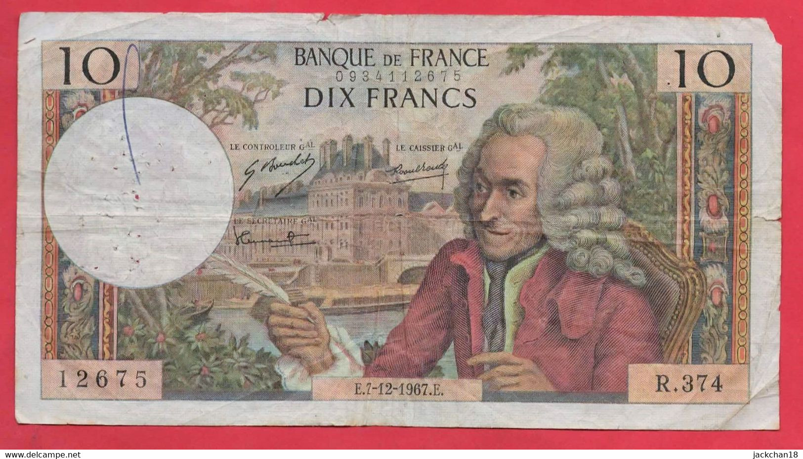 -- BILLET DE 10 FRANCS /  VOLTAIRE  / R.374 / E.7- 12- 1967 .E. / 12675  -- - 10 F 1963-1973 ''Voltaire''