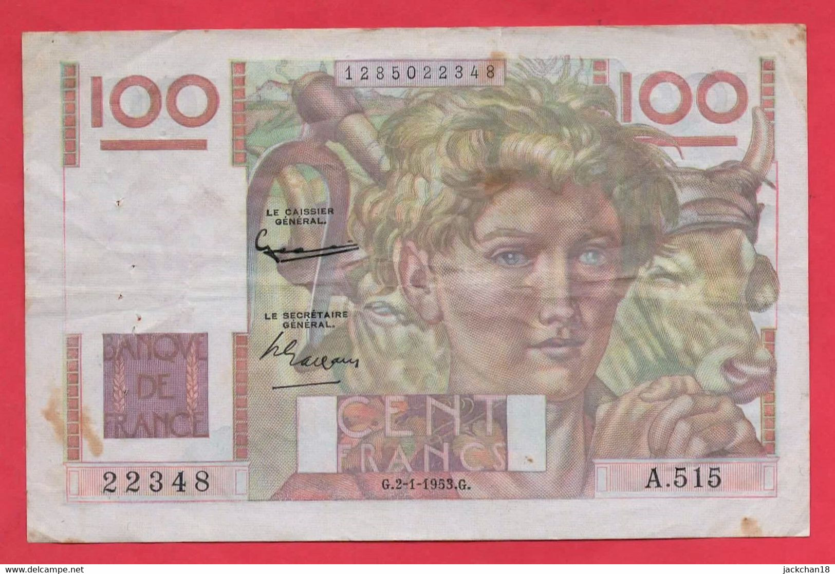 -- BILLET DE 100 FRANCS /  JEUNE PAYSAN De 1953 -- - 100 F 1945-1954 ''Jeune Paysan''