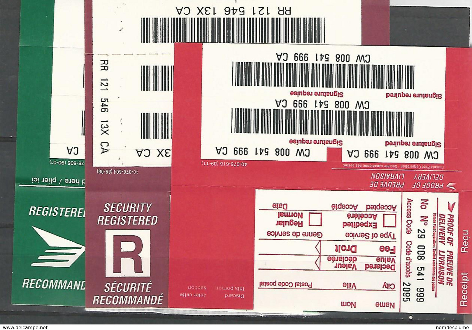 37218r ) Canada Collection Registered Labels #'s May Vary May Be Folded - Registration & Officially Sealed