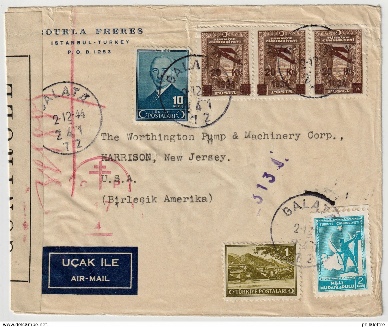 TURKEY / TURQUIE - 1944 (2 December) Cover To The USA - French Levant Censor Marks In Transit (Beirut/Beyrouth) - Storia Postale