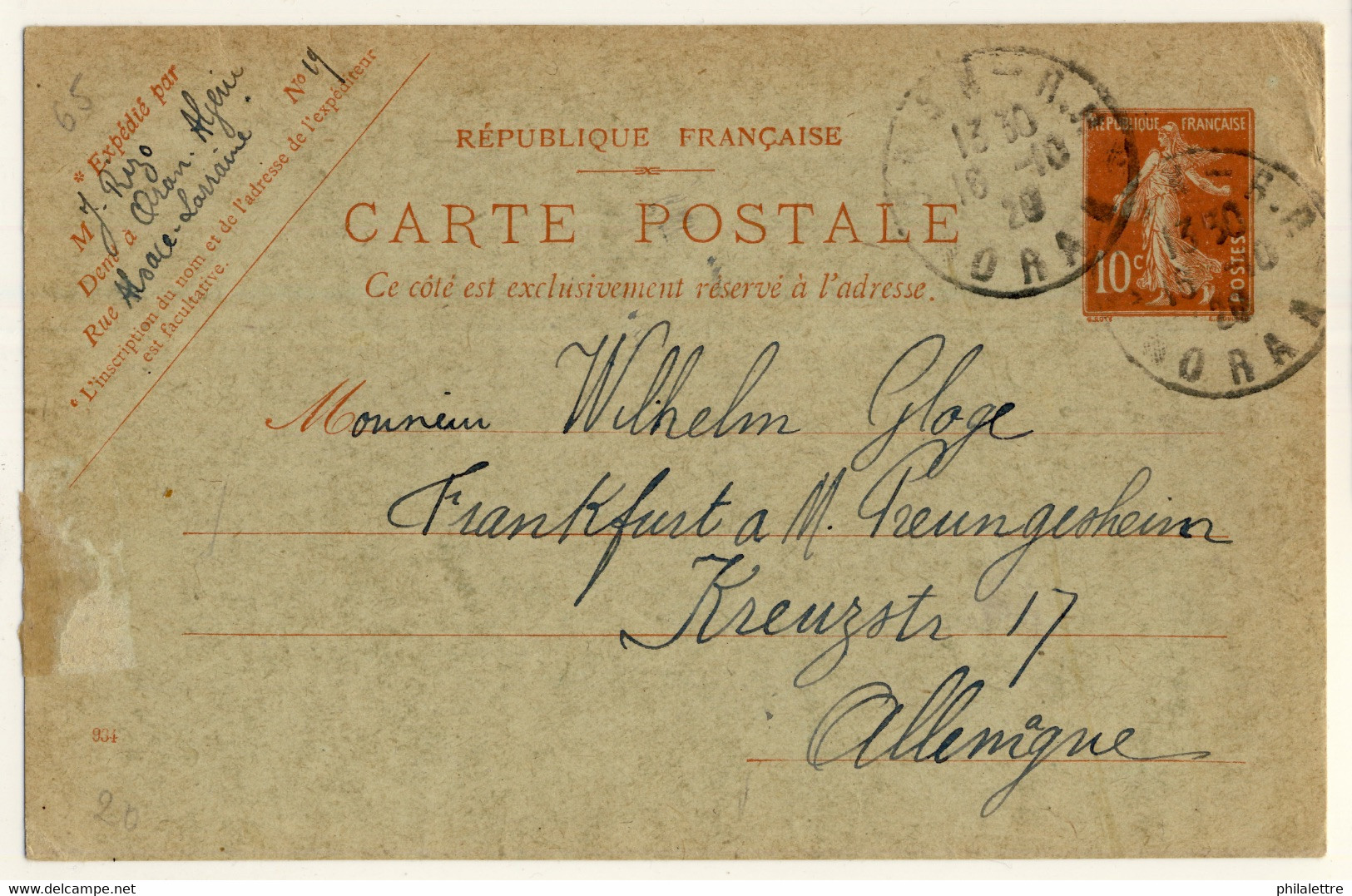 FRANCE / ALGÉRIE - 1920 CP 10c Semeuse (d.934) Utilisée D'ORAN Pour L'Allemagne - Cartes Postales Types Et TSC (avant 1995)