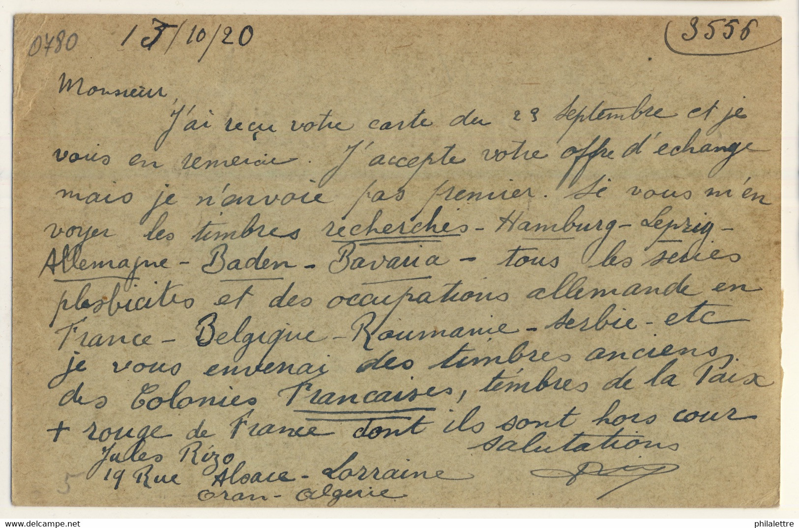 FRANCE / ALGÉRIE - 1920 CP 10c Semeuse (d.934) Utilisée D'ORAN Pour L'Allemagne - Standard Postcards & Stamped On Demand (before 1995)