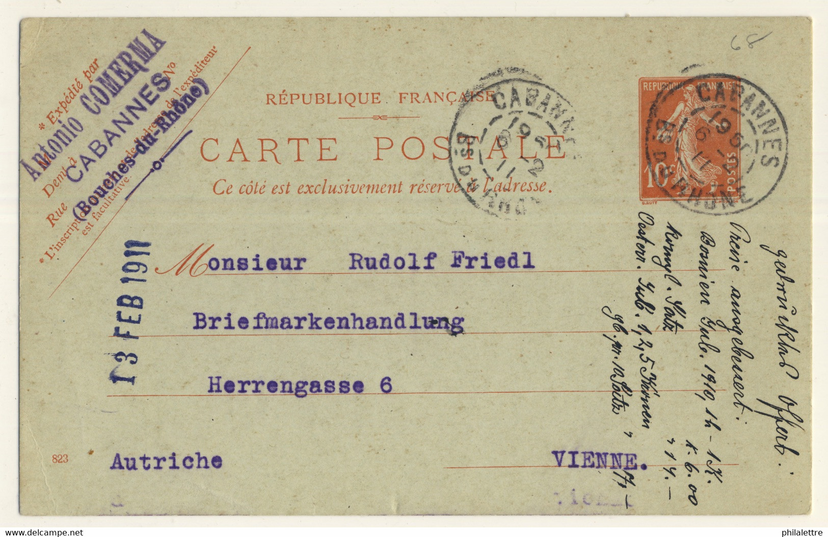 FRANCE - 1911 CP 10c Semeuse De CABANES, Bouches-du-Rhône Pour Rudolf Friedl (Expert), Vienne, Autriche - Cartes Postales Types Et TSC (avant 1995)