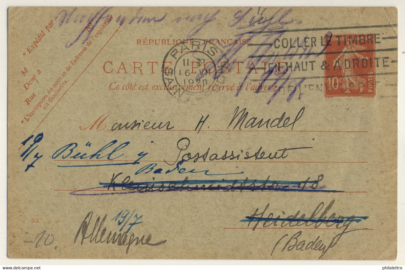 FRANCE - 1920 CP 10c Semeuse De Paris / Saint-Roch Pour L'Allemagne Avec Re-direction - Standard Postcards & Stamped On Demand (before 1995)