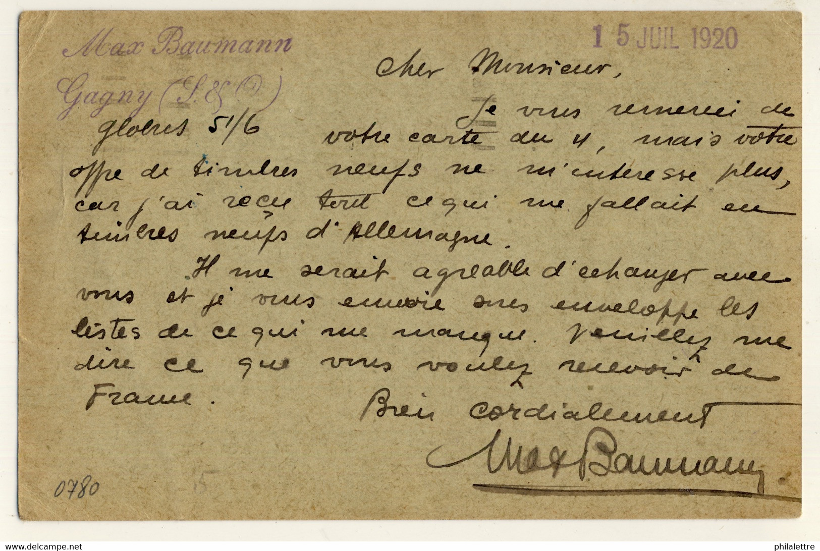 FRANCE - 1920 CP 10c Semeuse De Paris / Saint-Roch Pour L'Allemagne Avec Re-direction - Standard- Und TSC-AK (vor 1995)