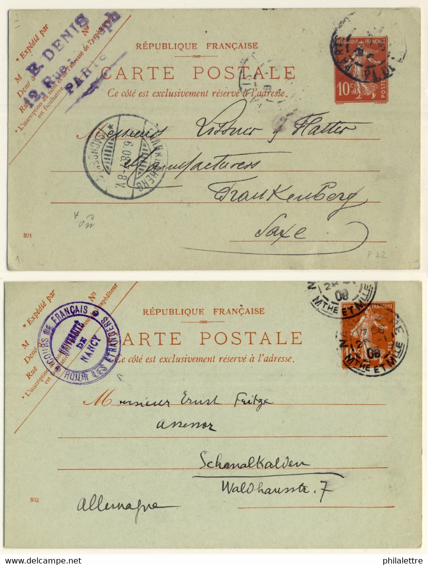 FRANCE - 1908 2xCP 10c Semeuse (datées 801 & 802) Adressées En Allemagne - Standaardpostkaarten En TSC (Voor 1995)