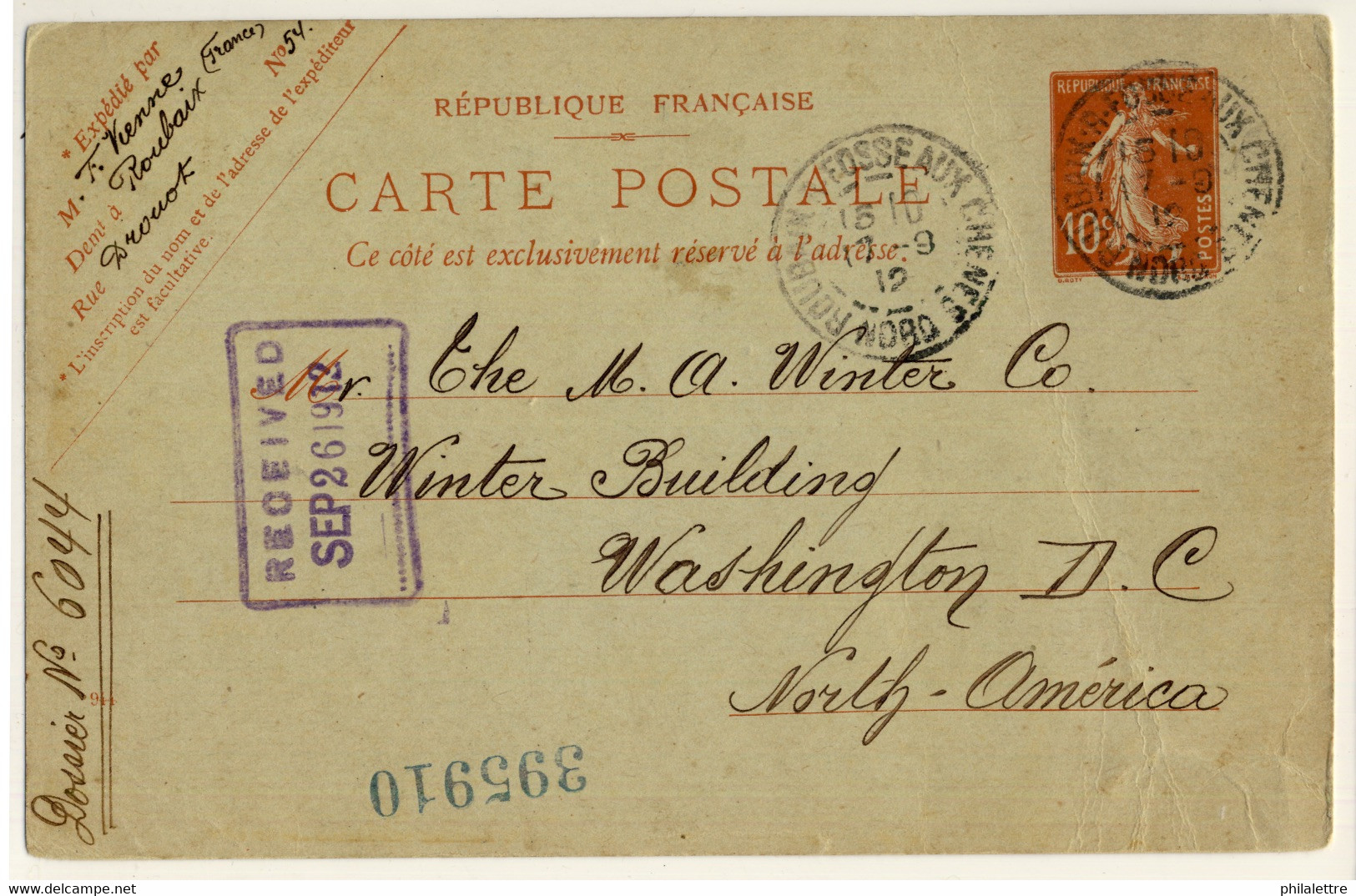 FRANCE - 1912 CP 10c Semeuse De ROUBAIX-FOSSE-AUX-CHÊNES, NORD Pour Washington DC, USA - Cartes Postales Types Et TSC (avant 1995)