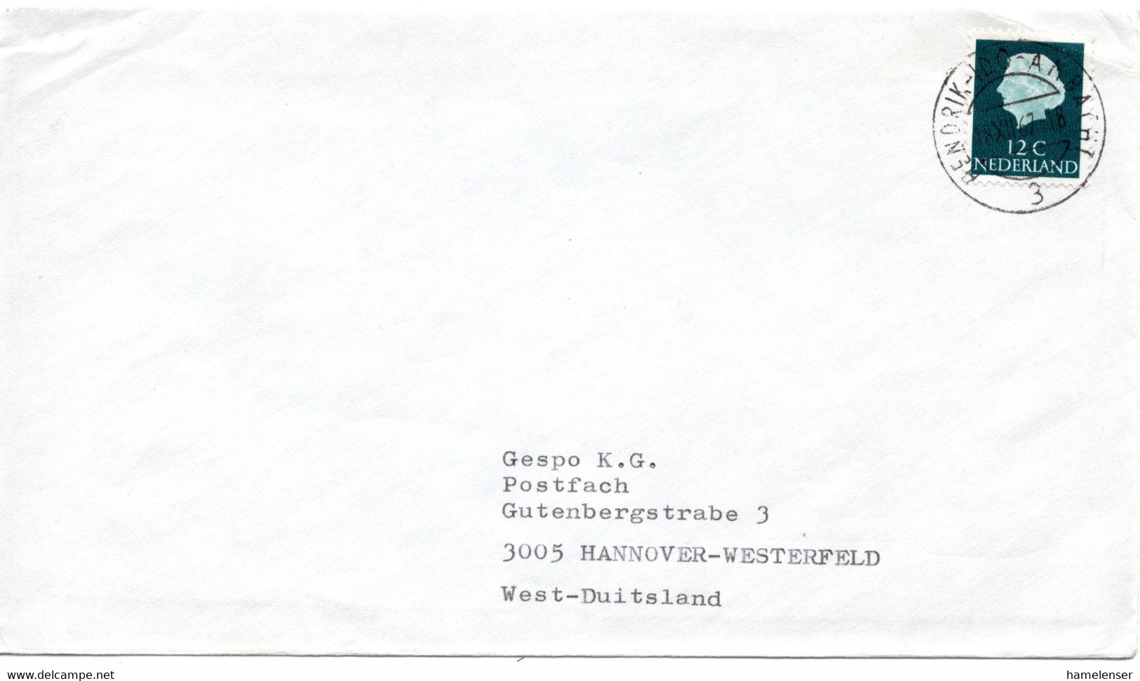 61506 - Niederlande - 1967 - 12c Juliana EF A DrucksBf HENDRIK ... -> Westdeutschland - Covers & Documents
