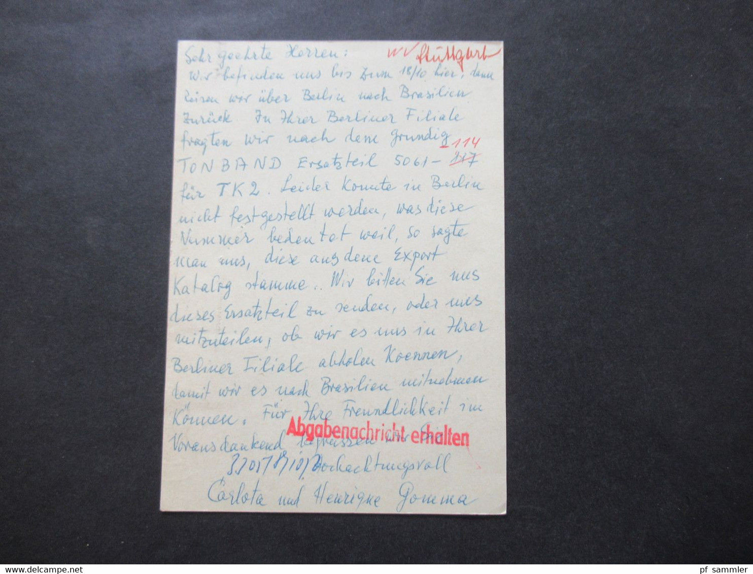 Berlin 1970 Ganzsache Mit ZuF BRD Als Nachnahme Karte Rückseitig Roter Stempel L1 Abgabenachricht Erhalten - Briefe U. Dokumente