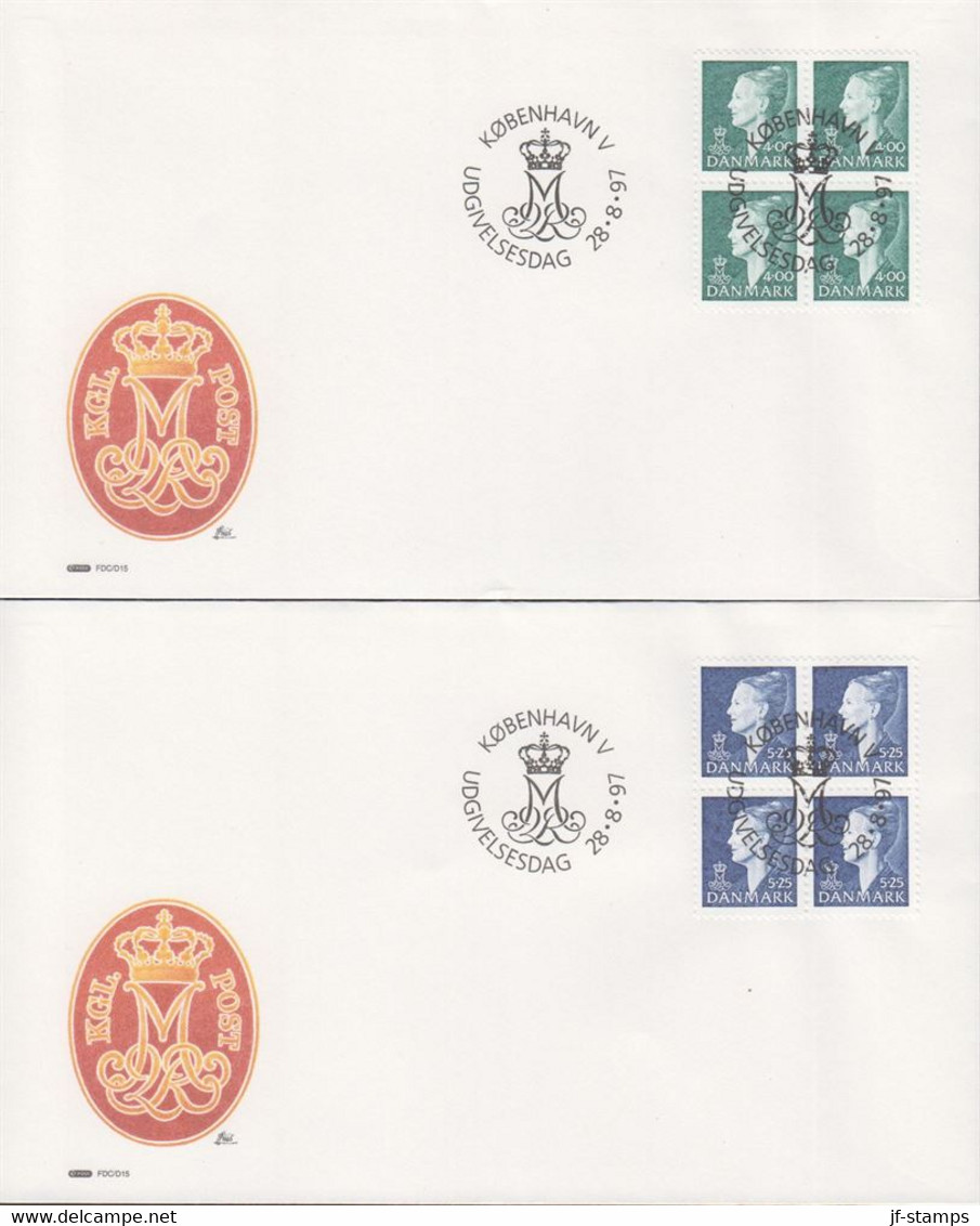 1997. DANMARK. Margrethe Complete Set In 4-blocks On FDC 28.8.97.  (Michel 1158-1161) - JF433947 - Lettres & Documents
