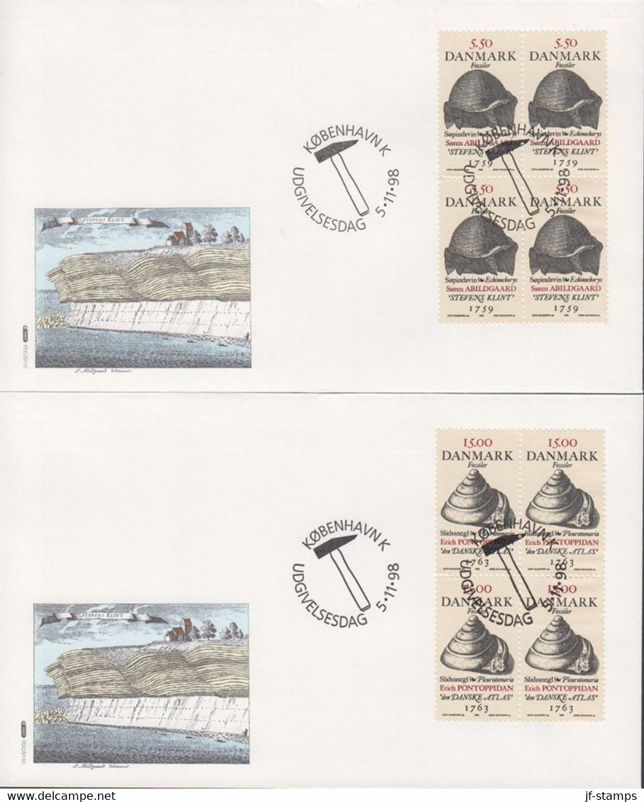 1998. DANMARK. Fosils Complete Set In 4-blocks On FDC 5.11.98.  (Michel 1195-1197) - JF433965 - Covers & Documents