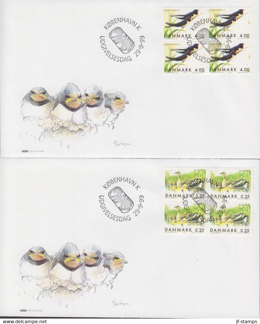 1999. DANMARK. LOCAL BIRDS Complete Set In 4-blocks On FDC 29.9.99.  (Michel 1223-1226) - JF433976 - Lettres & Documents