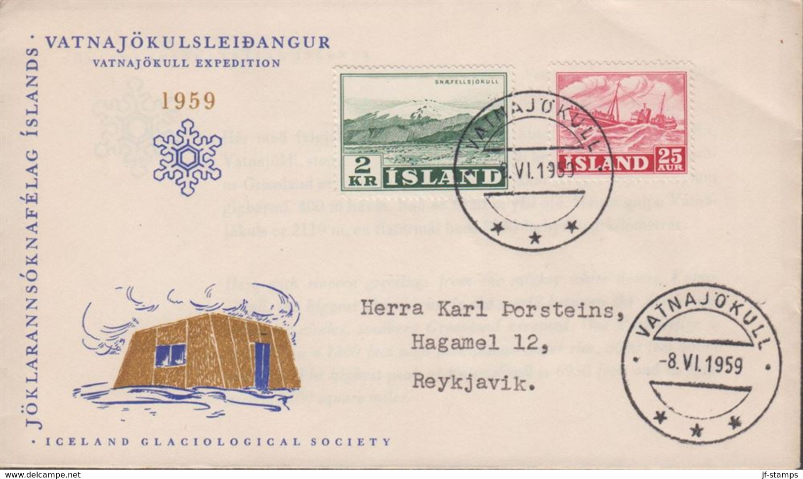 1959. ISLAND. 2 Kr Snæfellsjokull + 25 Aur Fishing On Cover Issued By ICELAND GLACIOLOGICAL ... (Michel 316+) - JF433986 - Covers & Documents