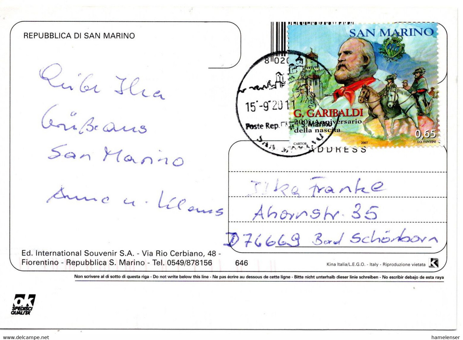 61520 - San Marino - 2011 - €0,65 Garibaldi EF A AnsKte SAN MARINO -> Deutschland - Storia Postale