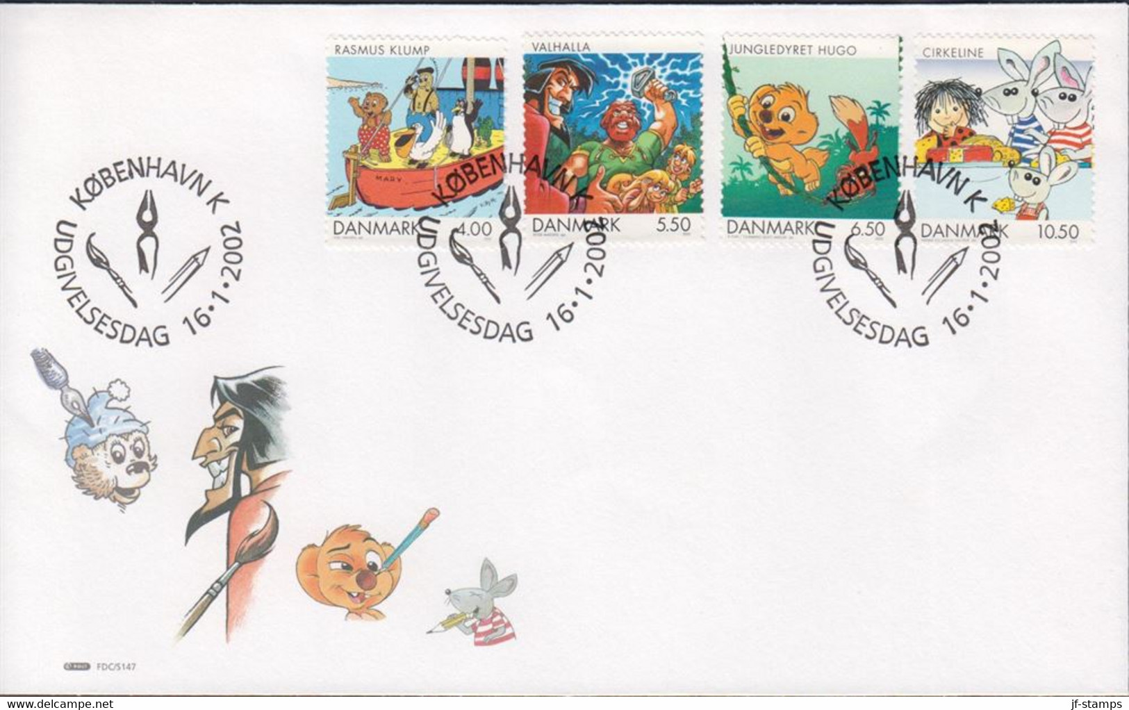 2002. DANMARK. Comics For Children Complete Set On FDC 16.1.2002.  (Michel 1299-1302) - JF434070 - Storia Postale