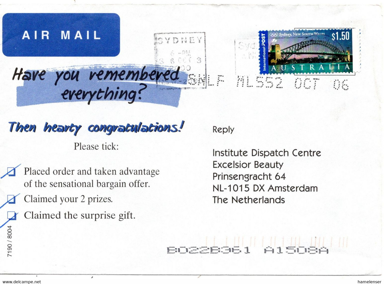 61525 - Australien - 2000 - $1.50 Bruecke Sydney EF A LpBf SYDNEY -> Niederlande - Lettres & Documents