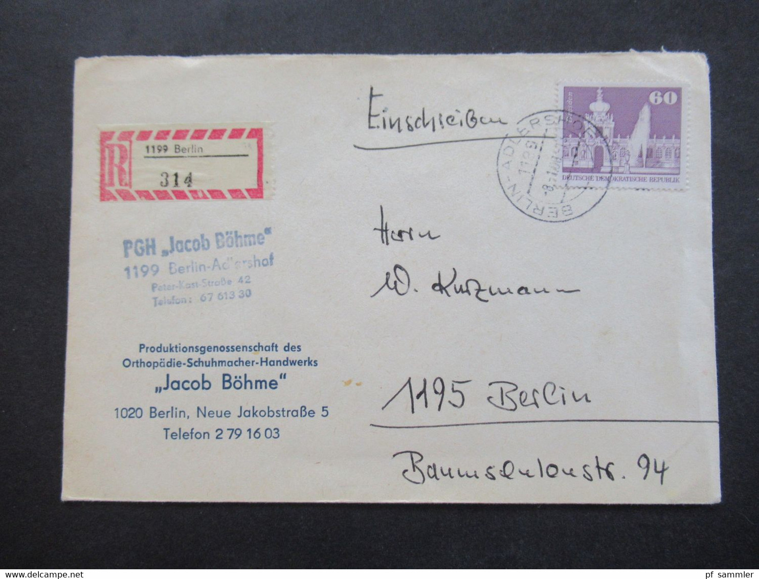 DDR 1988 Einschreiben Berlin Ortsbrief Abs. Stempel PGH Jacob Böhme Orthopädie Schuhmacher Handwerk - Briefe U. Dokumente