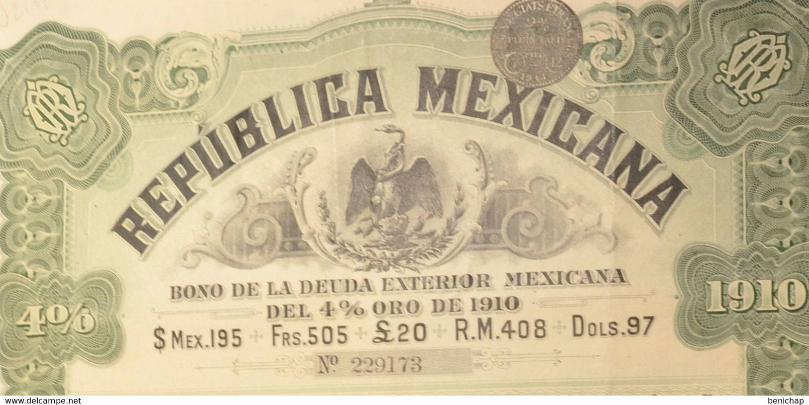 Republica Mexicana (Emprunt Extérieur Mexicain 4% Or De 1910 - Obligation De £20 - Mexique. - Banque & Assurance