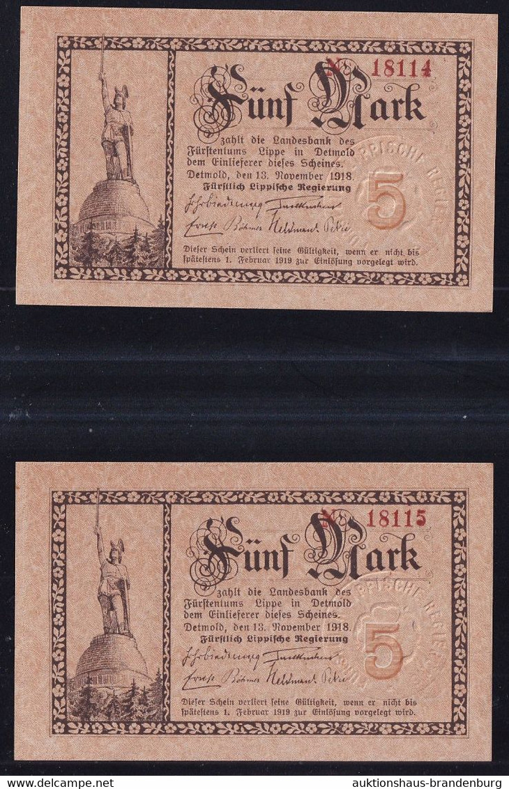 Detmold: 2x 5 Mark 13.11.1918 Mit Laufender KN - Fürstlich Lippische Regierung - 5 Mark