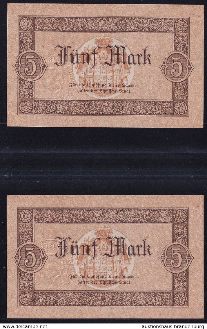 Detmold: 2x 5 Mark 13.11.1918 Mit Laufender KN - Fürstlich Lippische Regierung - 5 Mark