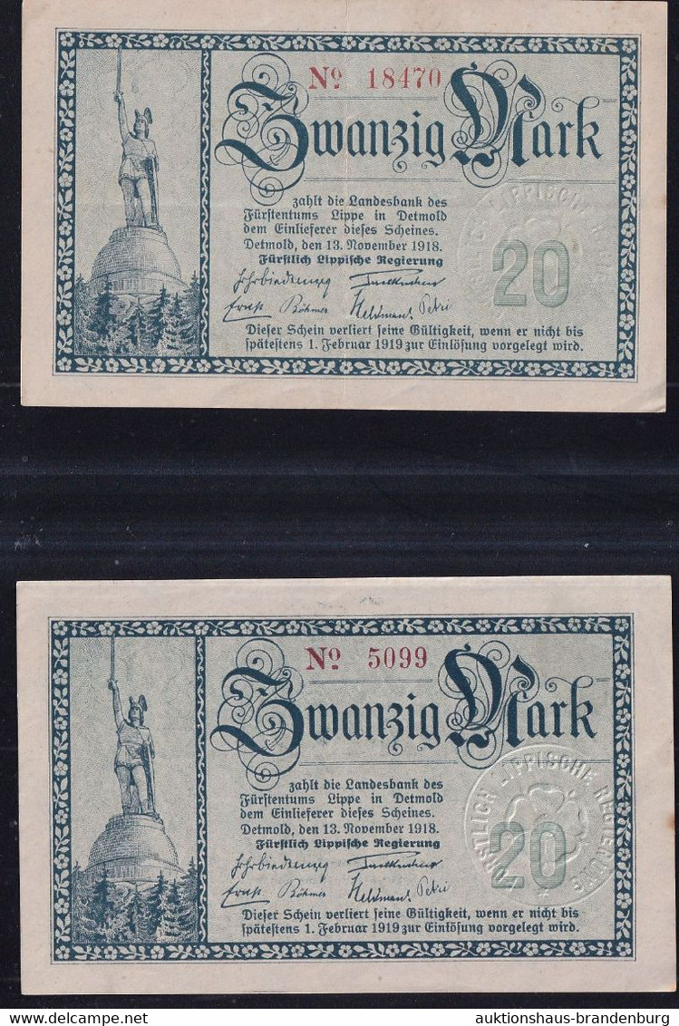 Detmold: 2x 20 Mark 13.11.1918 - KN 4- U. 5-stellig - Fürstlich Lippische Regierung - 20 Mark