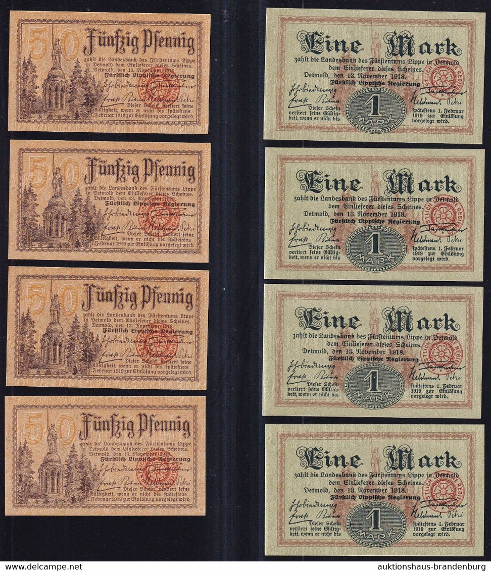 8x Detmold: Je 4x 50 Pfennig + 1 Mark 13.11.1918 - Fürstlich Lippische Regierung - 20 Mark