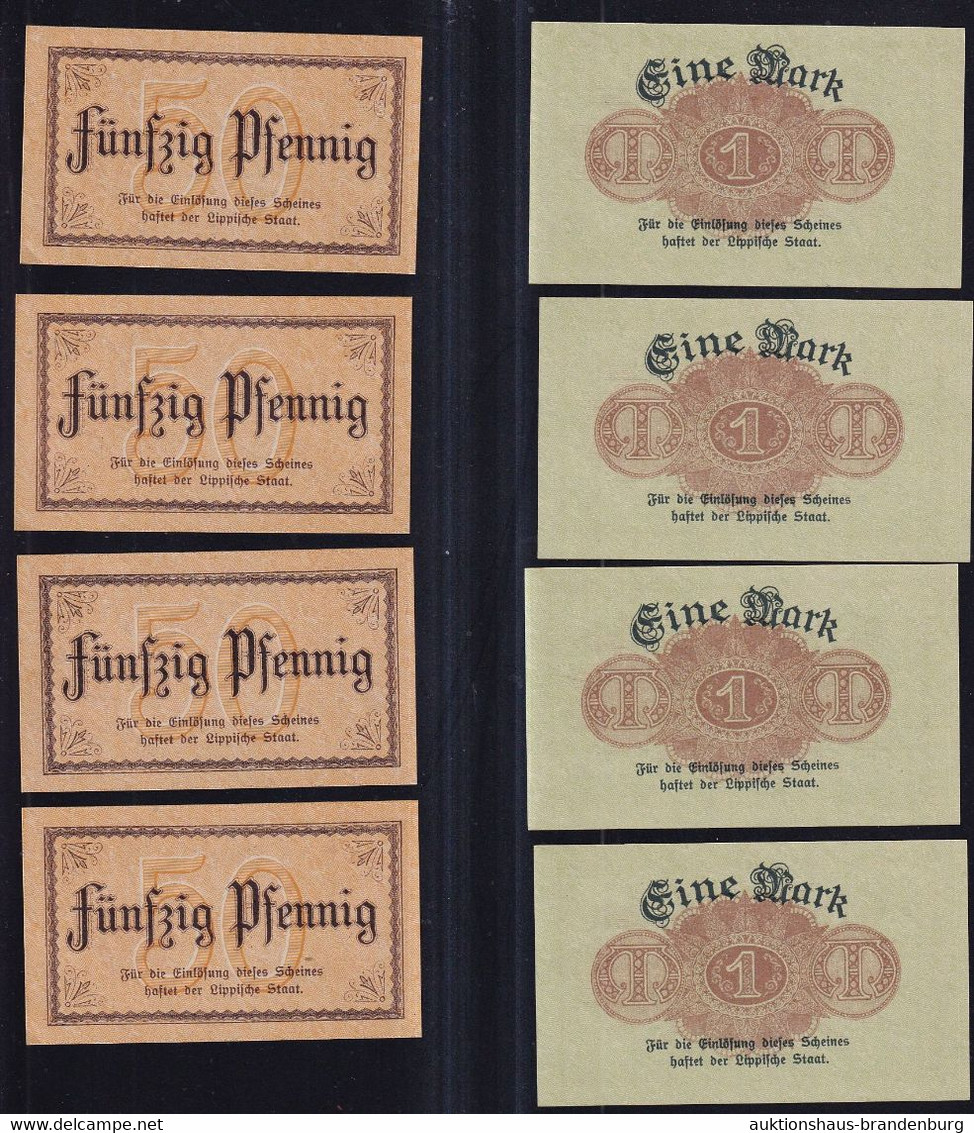 8x Detmold: Je 4x 50 Pfennig + 1 Mark 13.11.1918 - Fürstlich Lippische Regierung - 20 Mark