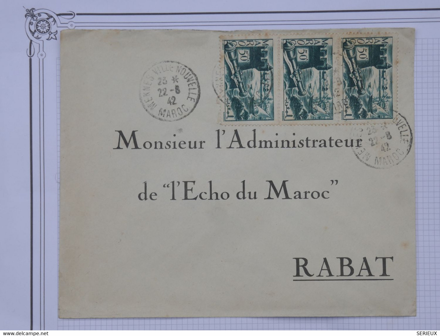 BG11 MAROC  BELLE LETTRE 1942 MEKNES  A RABAT  +BANDE DE 3 TP+ AFFR. INTERESSANT - Briefe U. Dokumente