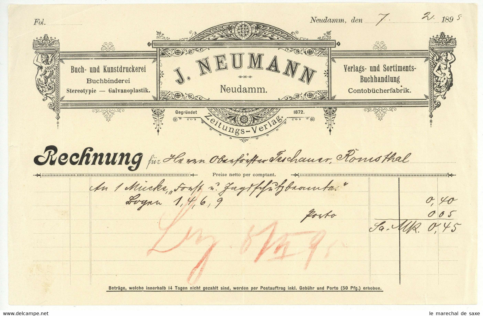 Neudamm Debno Buchhandlung Neumann Rechnung 1895 Nach Romsthal Jagd Forstwesen - 1800 – 1899