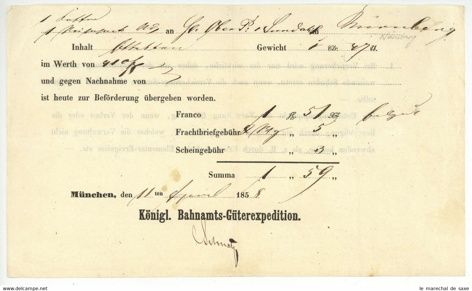 Eisenbahn Bayern 1858 Königlich Bahnamts Güterexpedition München Nach Nürnberg - 1800 – 1899