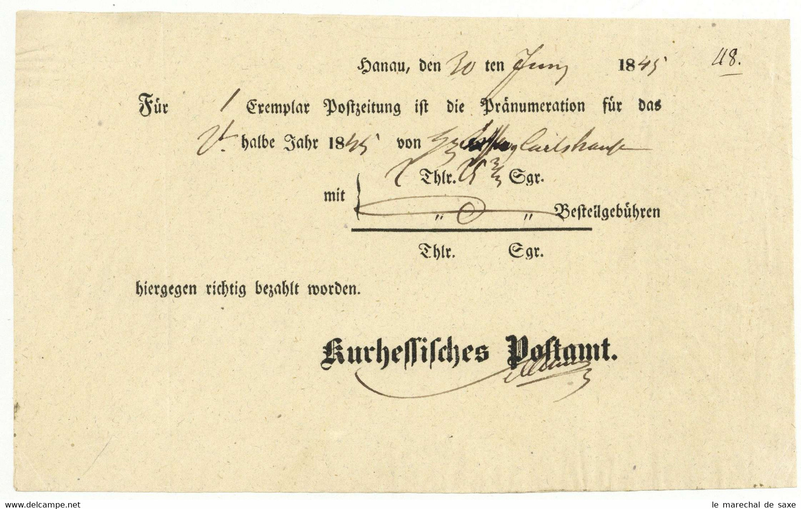 Hanau Kurhessisches Postamt 1845 Carlshausen - 1800 – 1899