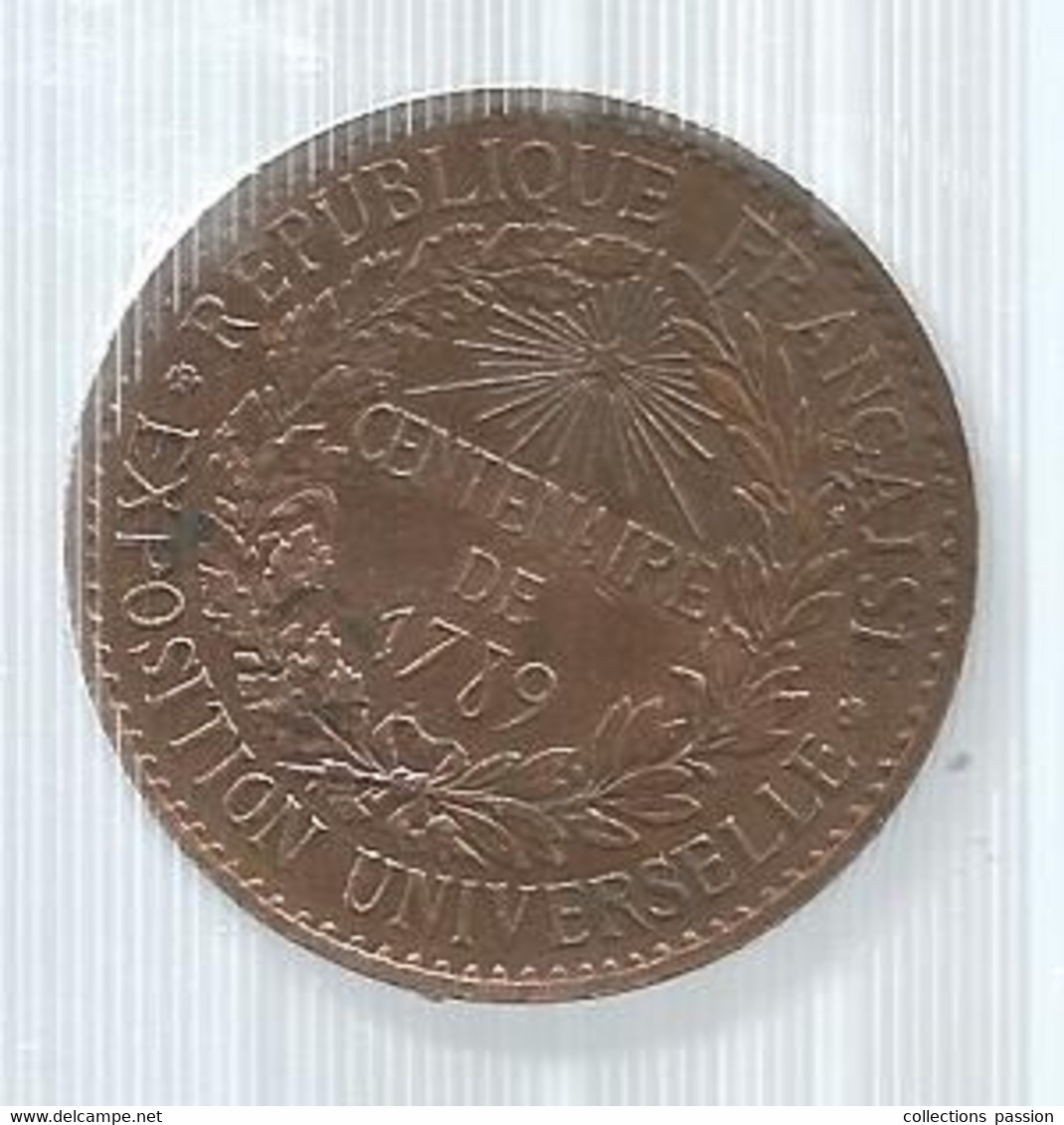 Médaille, EXPOSITION UNIVERSELLE,  CENTENAIRE DE 1789, Frais Fr 1.95 E - Autres & Non Classés