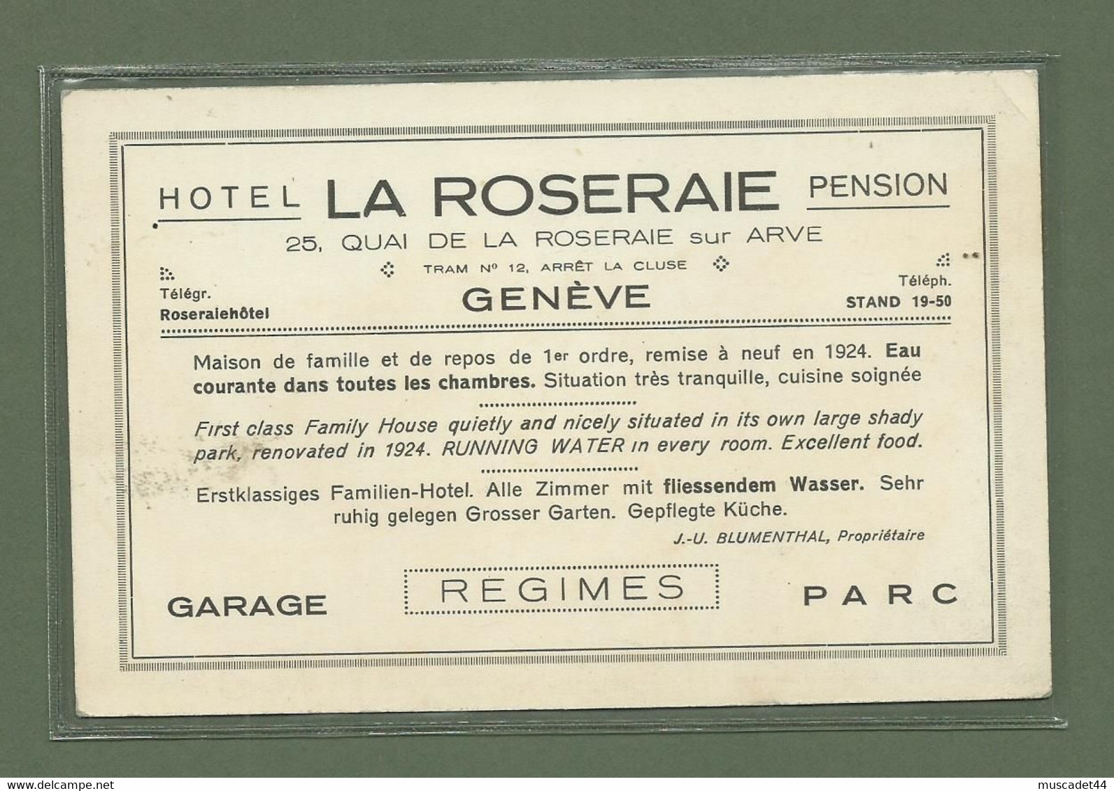 CARTE PUBLICITAIRE HOTEL PENSION LA ROSERAIE GENEVE SUISSE - Visiting Cards