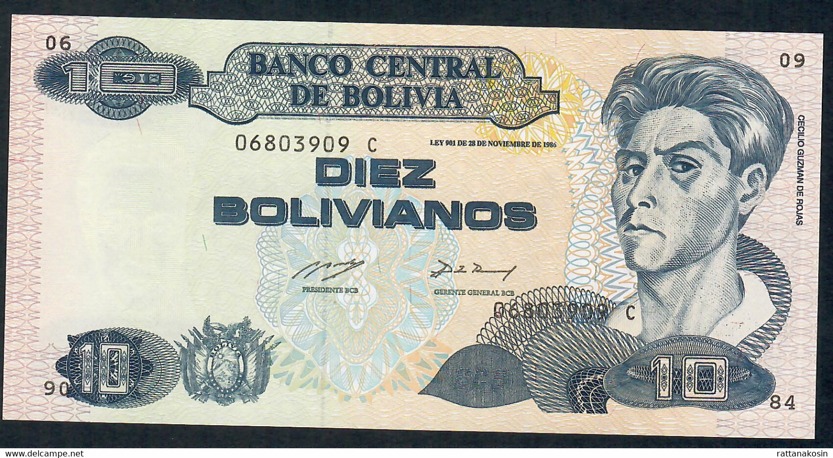 BOLIVIA  P210a 10 BOLIVIANOS  1986 Signature 85 #C     UNC. - Bolivien